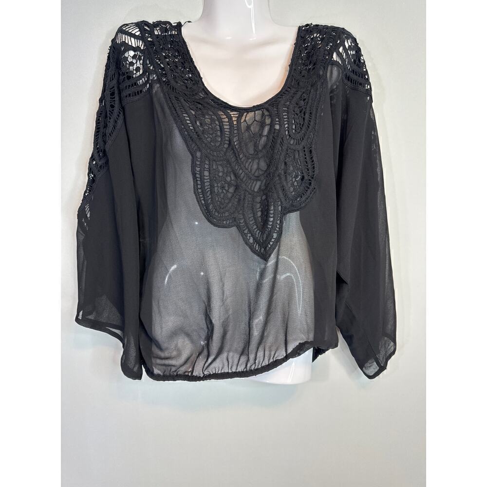 Sanctuary Black Sheer‎ Crochet Lace Long Sleeve Blouse Size S